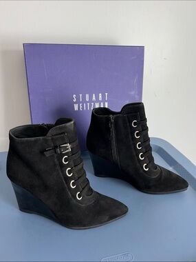 Stuart Weitzman strapify black suede leather pointed toe ankle boots bootie 7
